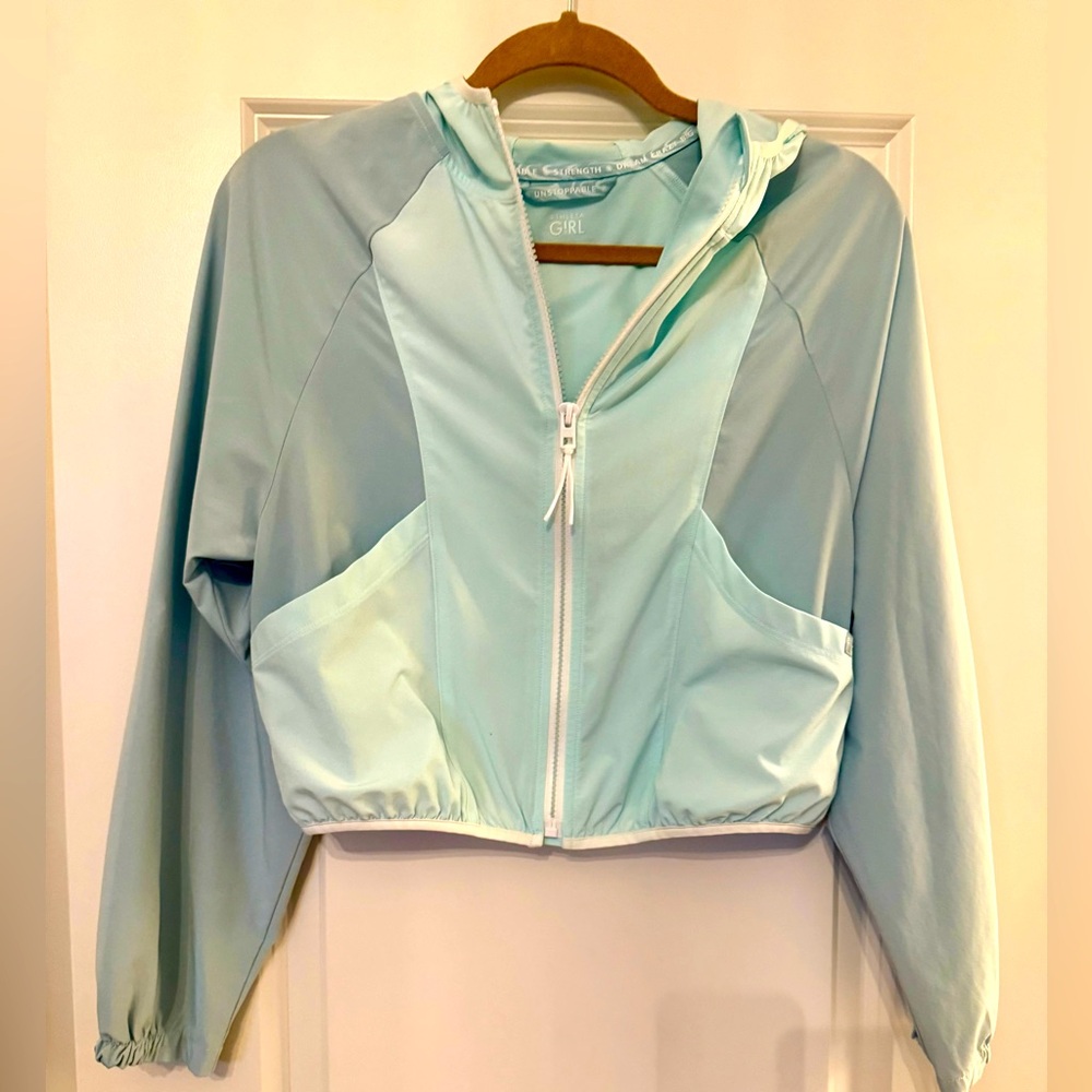 Athleta Track Star Hooded Jacket Light Blue/Aqua/Oasis/Packable-Girls Sz XL / 14